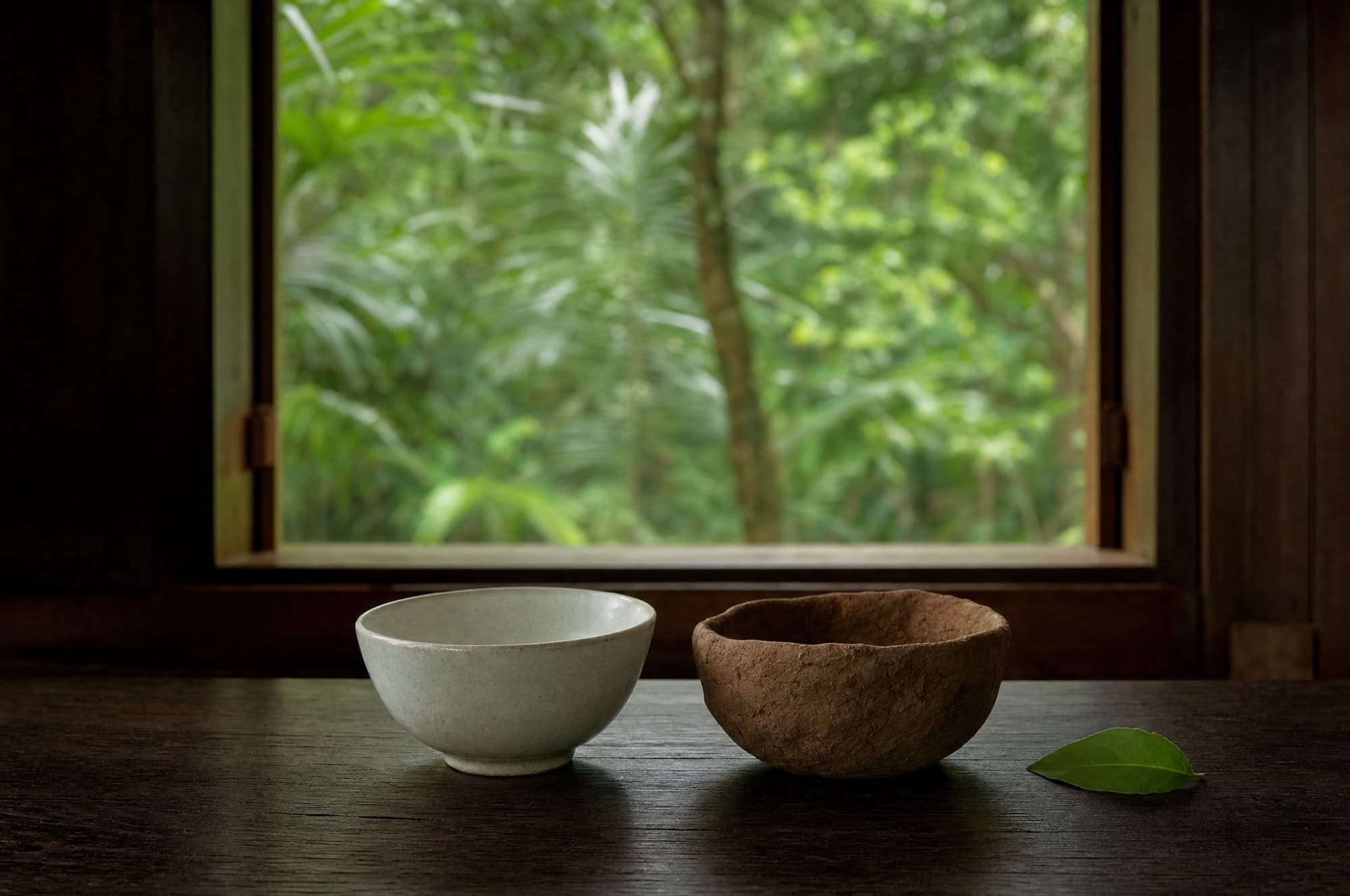 Two ceramic bowls side by side on a dark wood table, one smooth and glazed, one rough and earthy, with a green leaf and an open window onto jungle behind