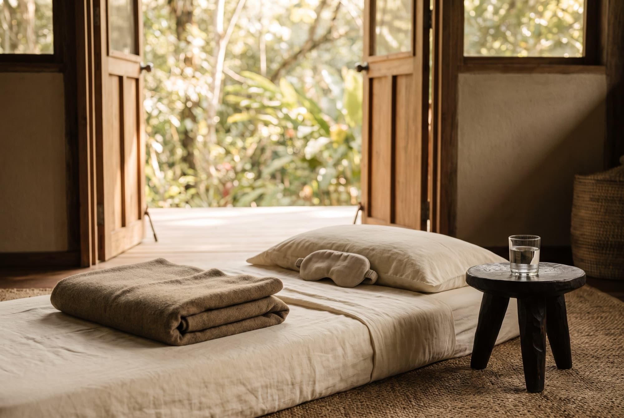 A prepared session room in Costa Rica: a low mattress in cream linen, a folded blanket and an eye mask, a glass of water on a dark wooden stool, doors open to the jungle