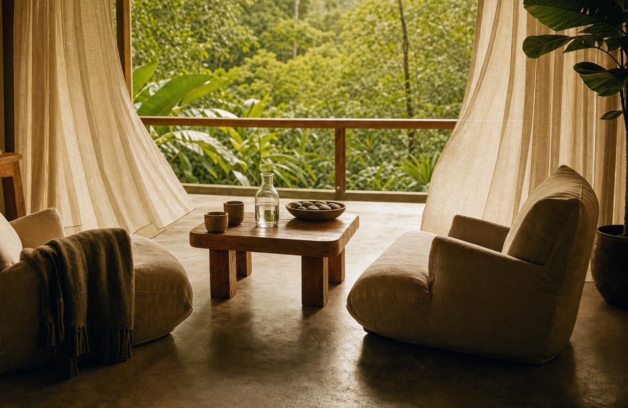 Two low linen armchairs facing each other across a small wooden table with a water carafe, clay cups and a bowl of river stones, open to the jungle canopy