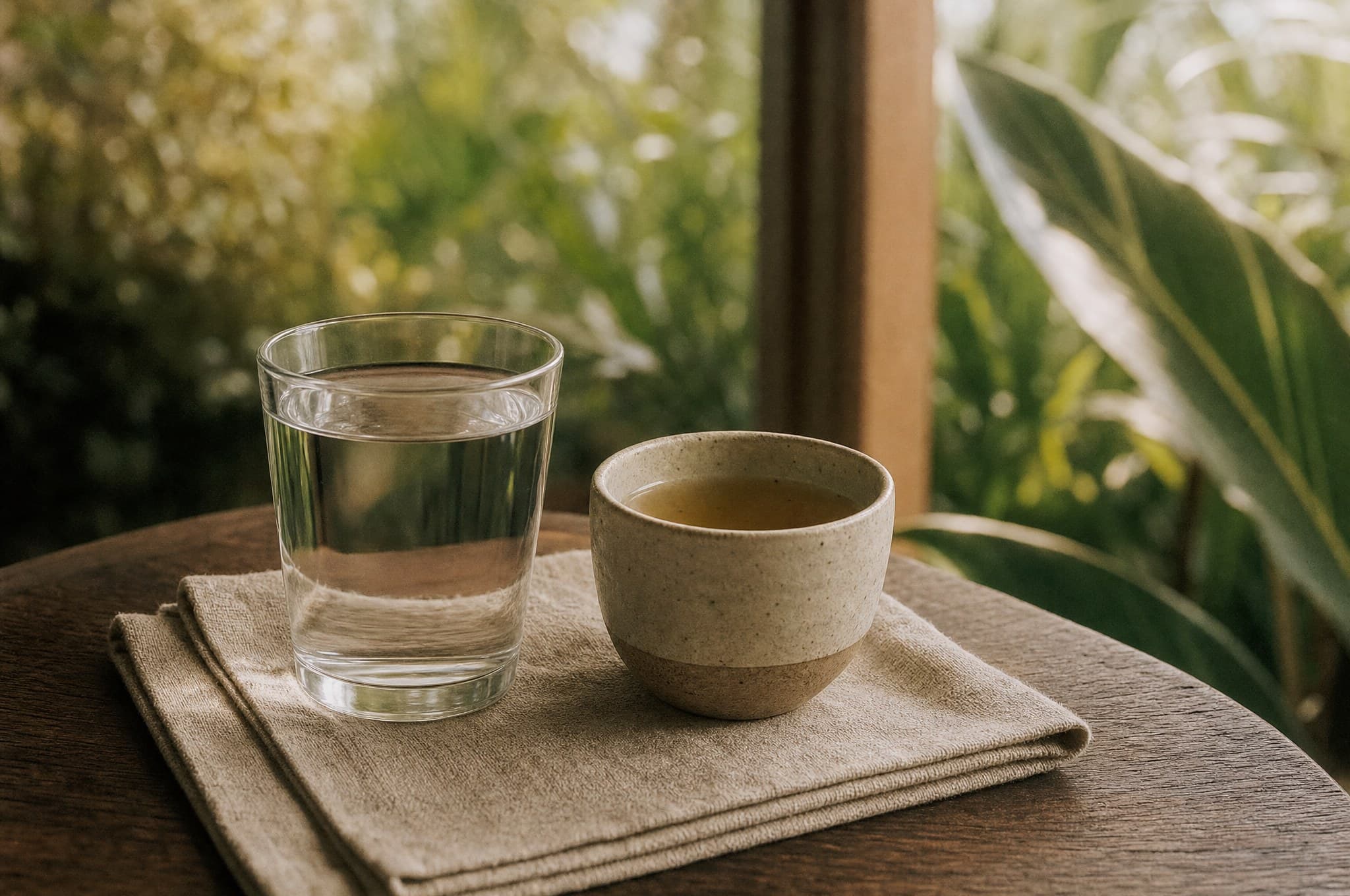 A glass of water and a ceramic cup of herbal tea side by side on a folded linen cloth on a dark wooden table, jungle greenery behind