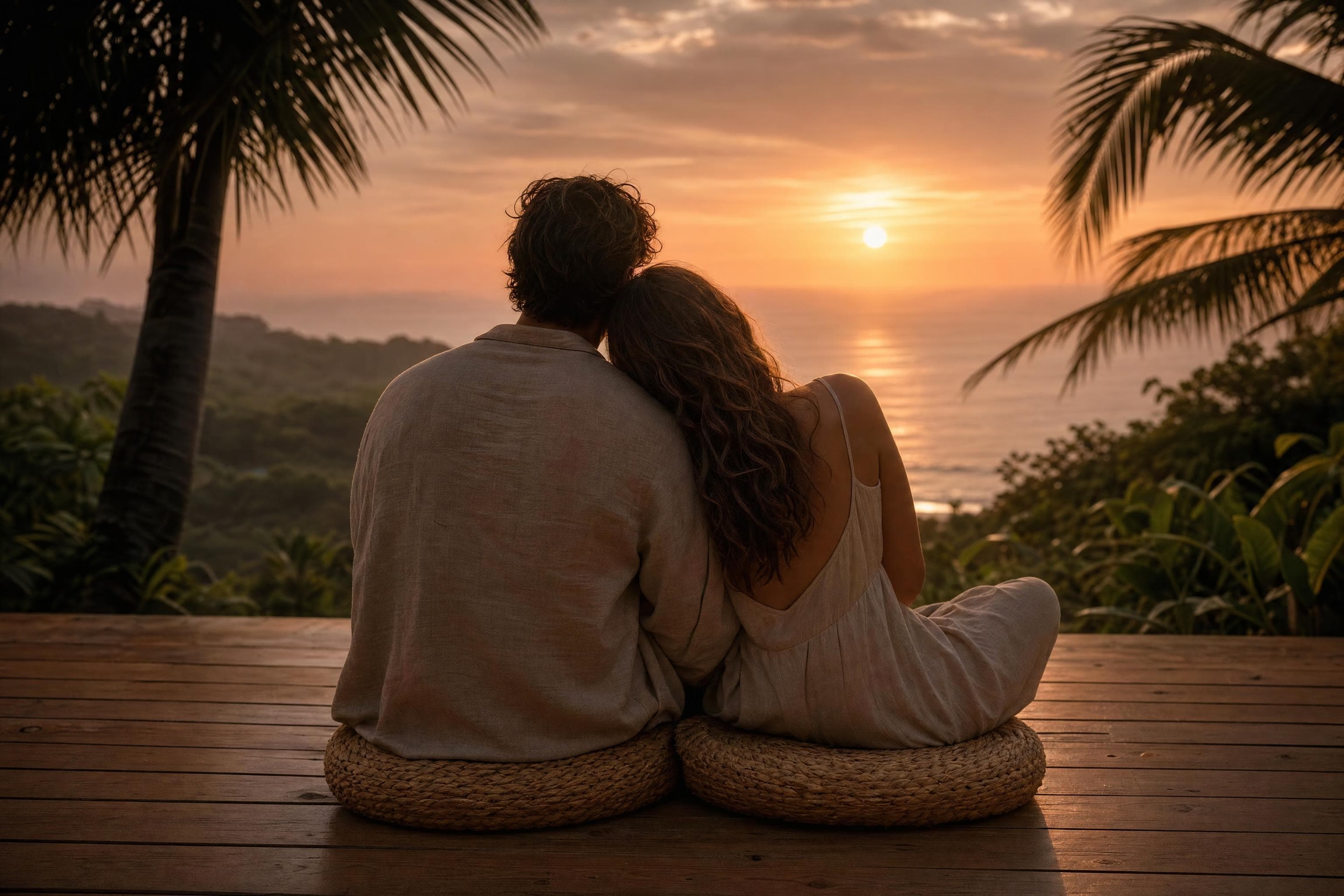 A couple seated close together on floor cushions, watching the sun set over the Pacific ocean