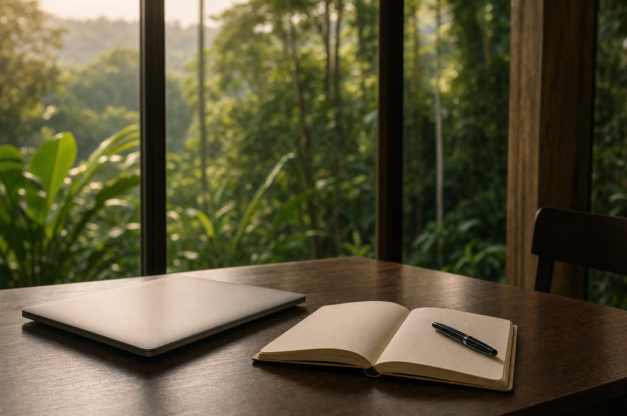 A closed laptop and an open notebook with a pen on a dark wooden table beside a window looking onto jungle