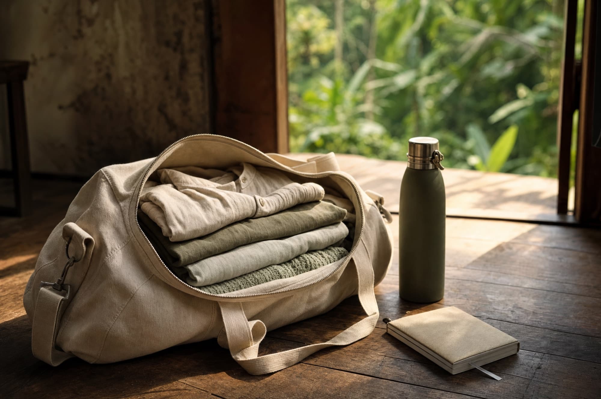 An open canvas duffel bag on a wooden floor with folded linen clothes, a water bottle and a small notebook beside it