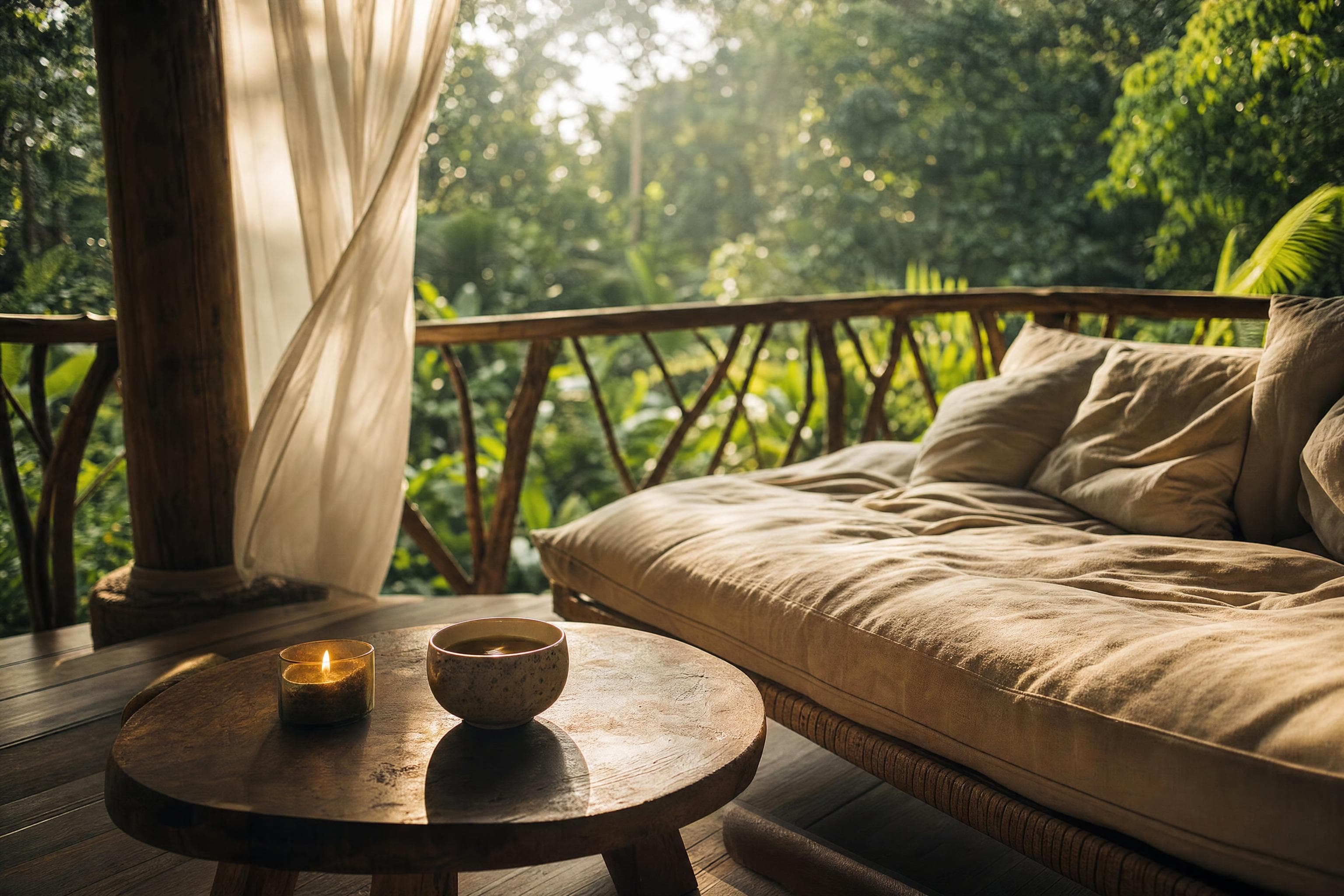 A quiet daybed with linen cushions on a jungle veranda, a cup of tea and a lit candle on a low table