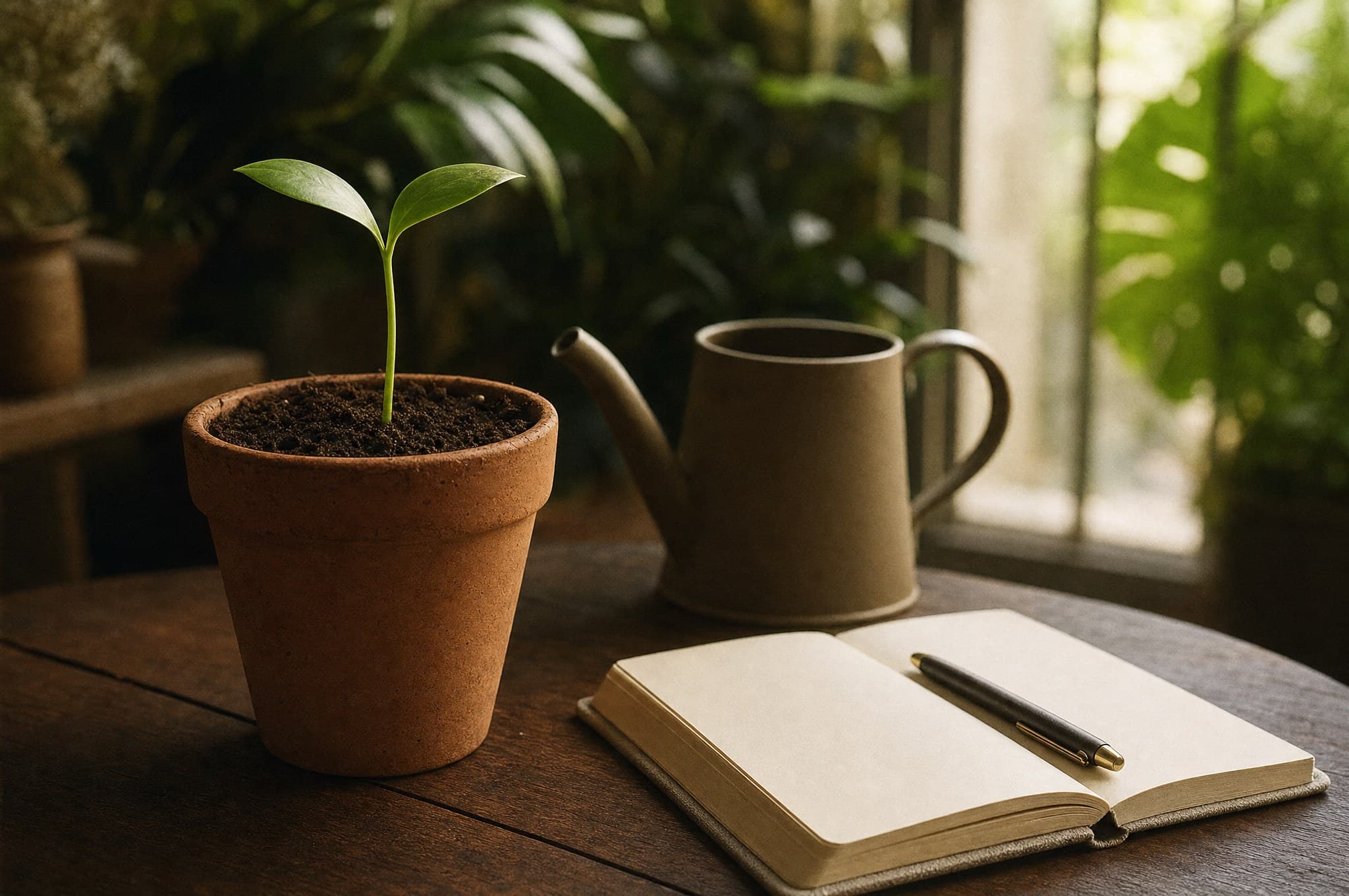 A young green seedling in dark soil in a terracotta pot beside a watering can and an open linen notebook on a wooden table, jungle light behind