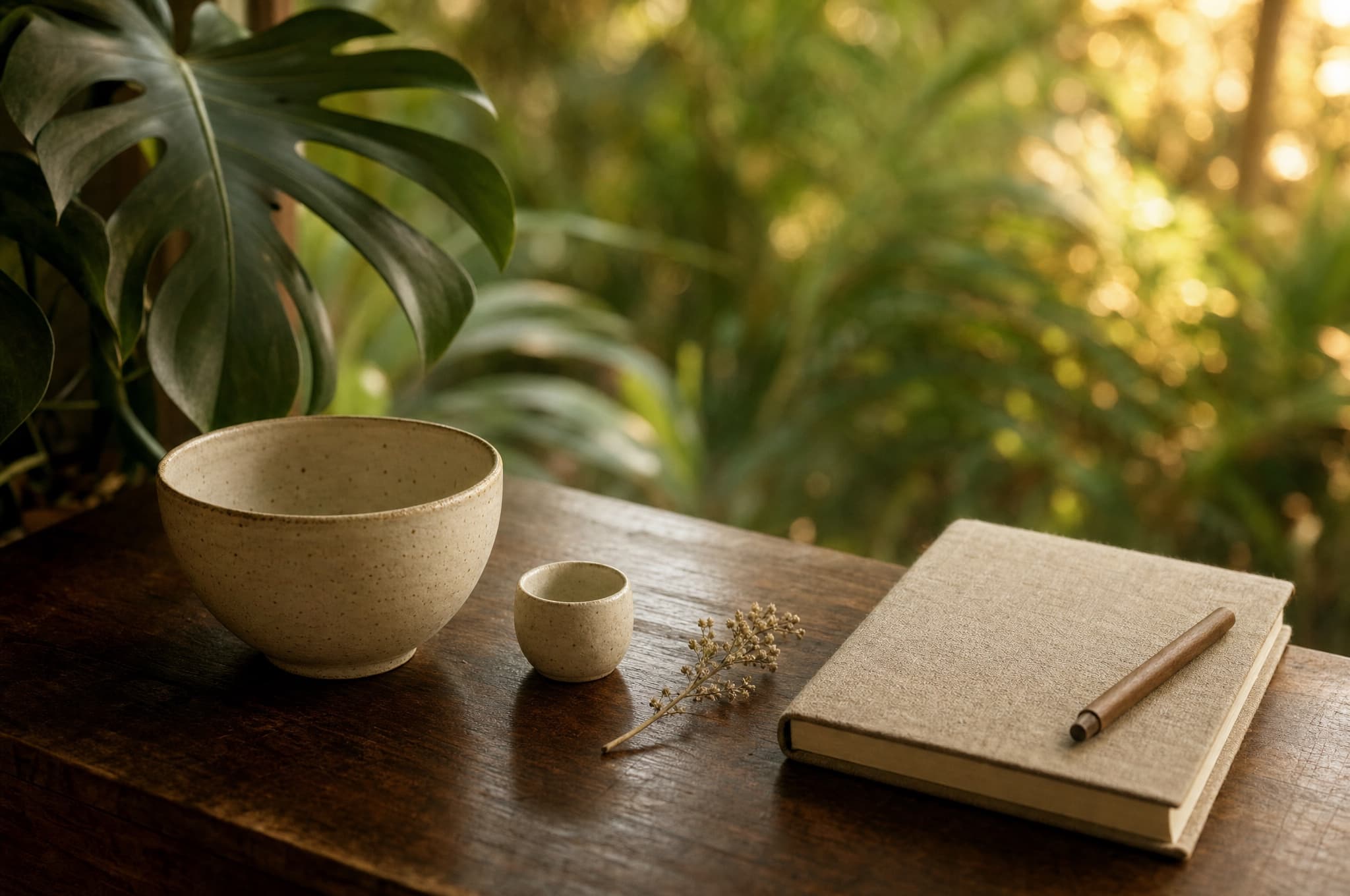 A large ceramic bowl beside a thimble-sized ceramic cup on a dark wooden table, with a linen notebook and pen and jungle greenery behind