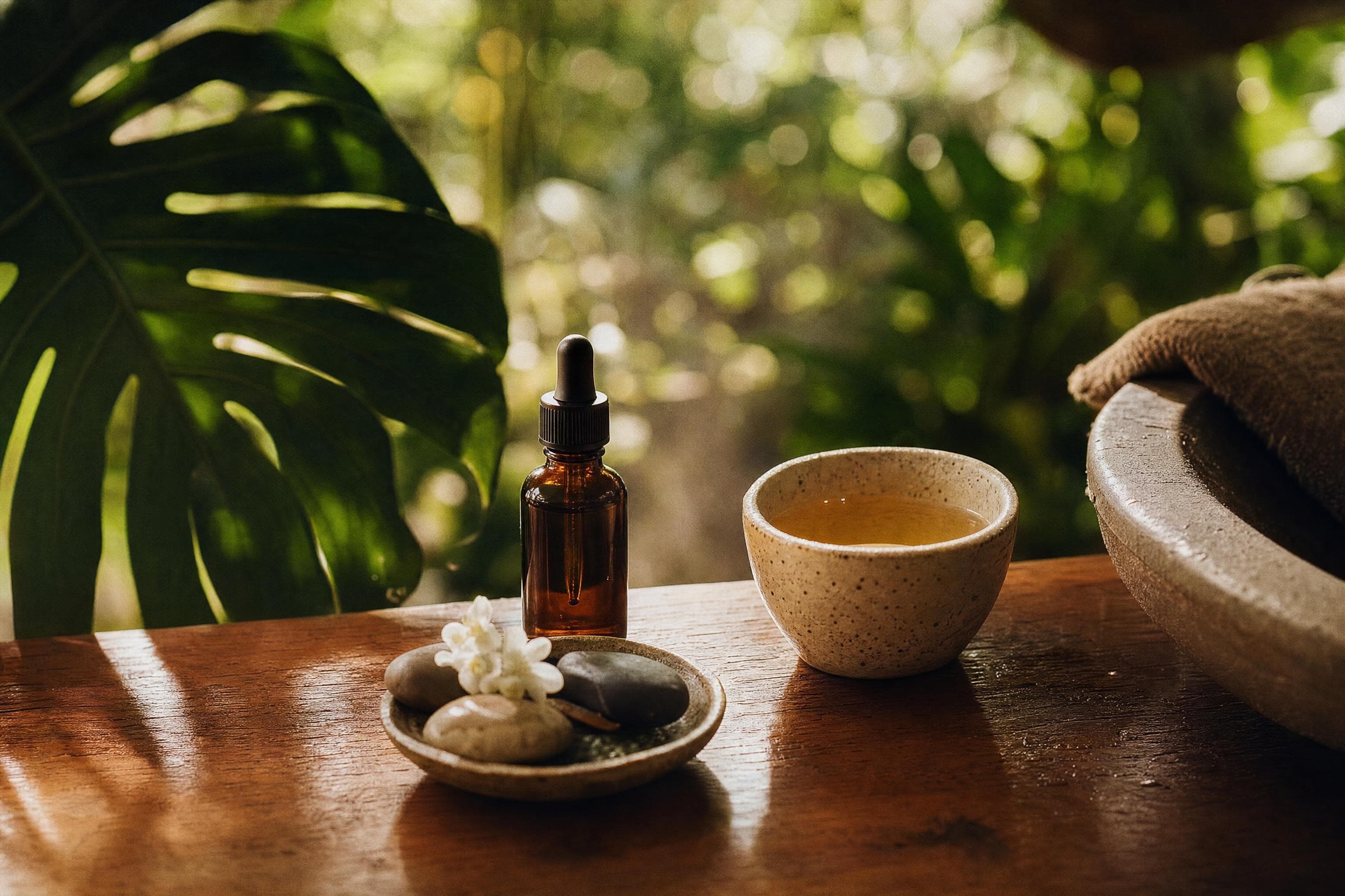 An amber dropper bottle, a small dish of smooth stones and white flowers, and a cup of herbal tea on a teak table