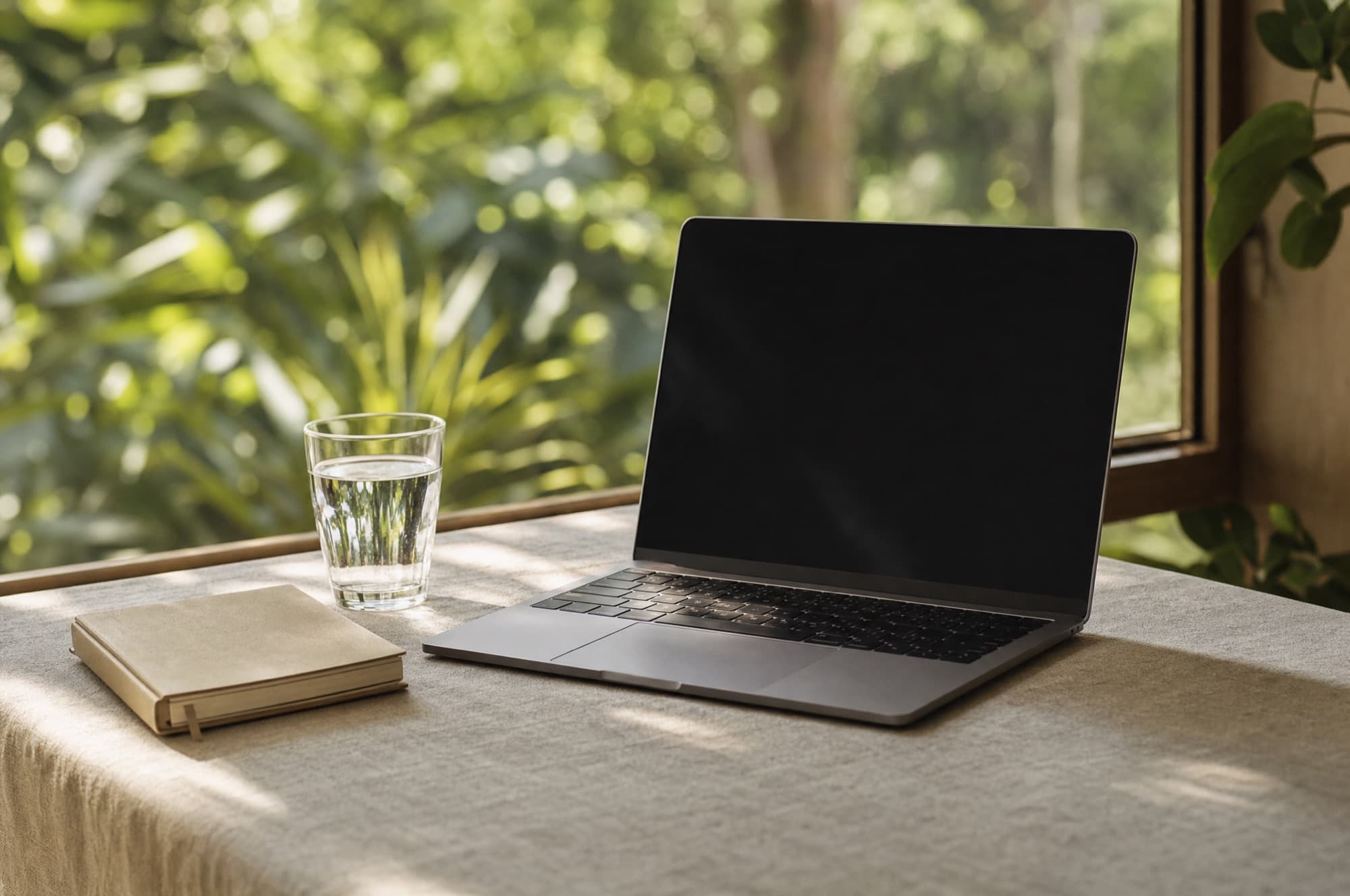 An open laptop with a dark screen beside a notebook and a glass of water on a linen-covered table in morning light