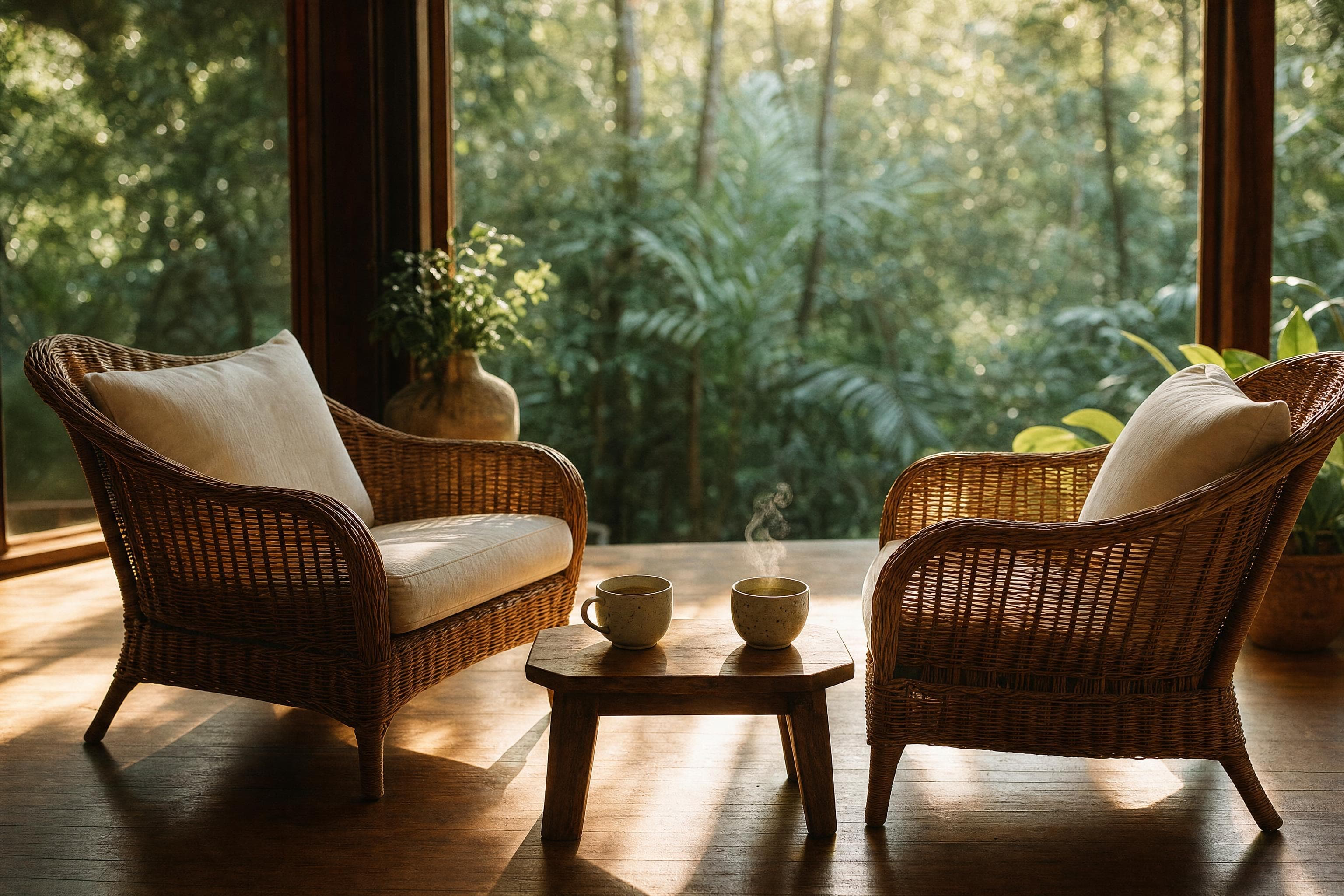 Two rattan armchairs facing each other over a low table with two cups of tea, jungle beyond the window
