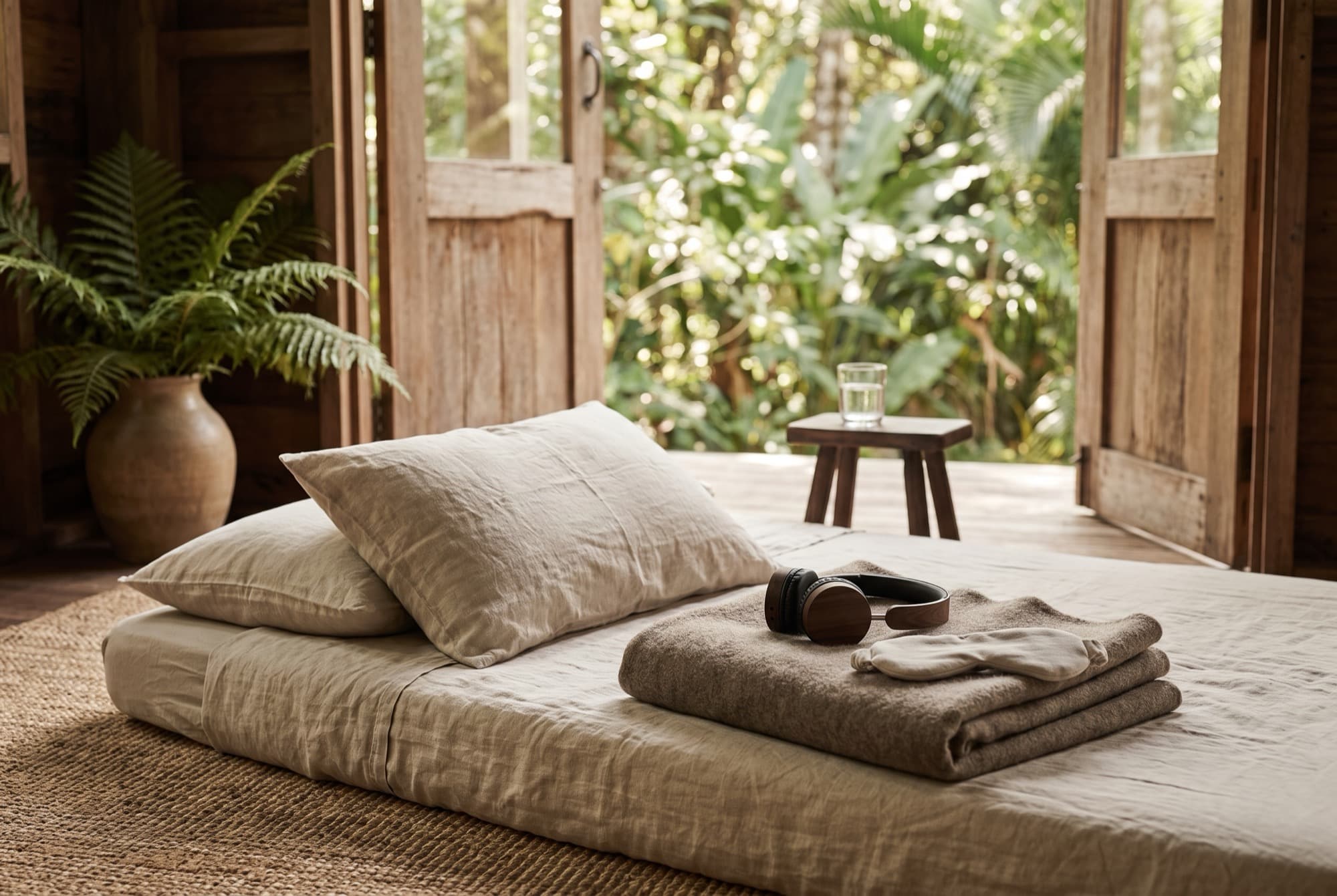 A linen floor mattress with cushions, a folded wool blanket with headphones and an eyeshade resting on it, a fern and open wooden doors onto jungle in soft daylight