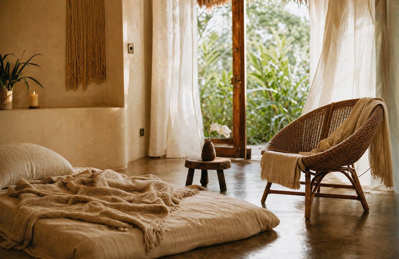 A quiet corner of a retreat room: a low floor mattress in cream linen, a rattan chair with a shawl over its back, a single white flower in a clay vase, doors open to the garden