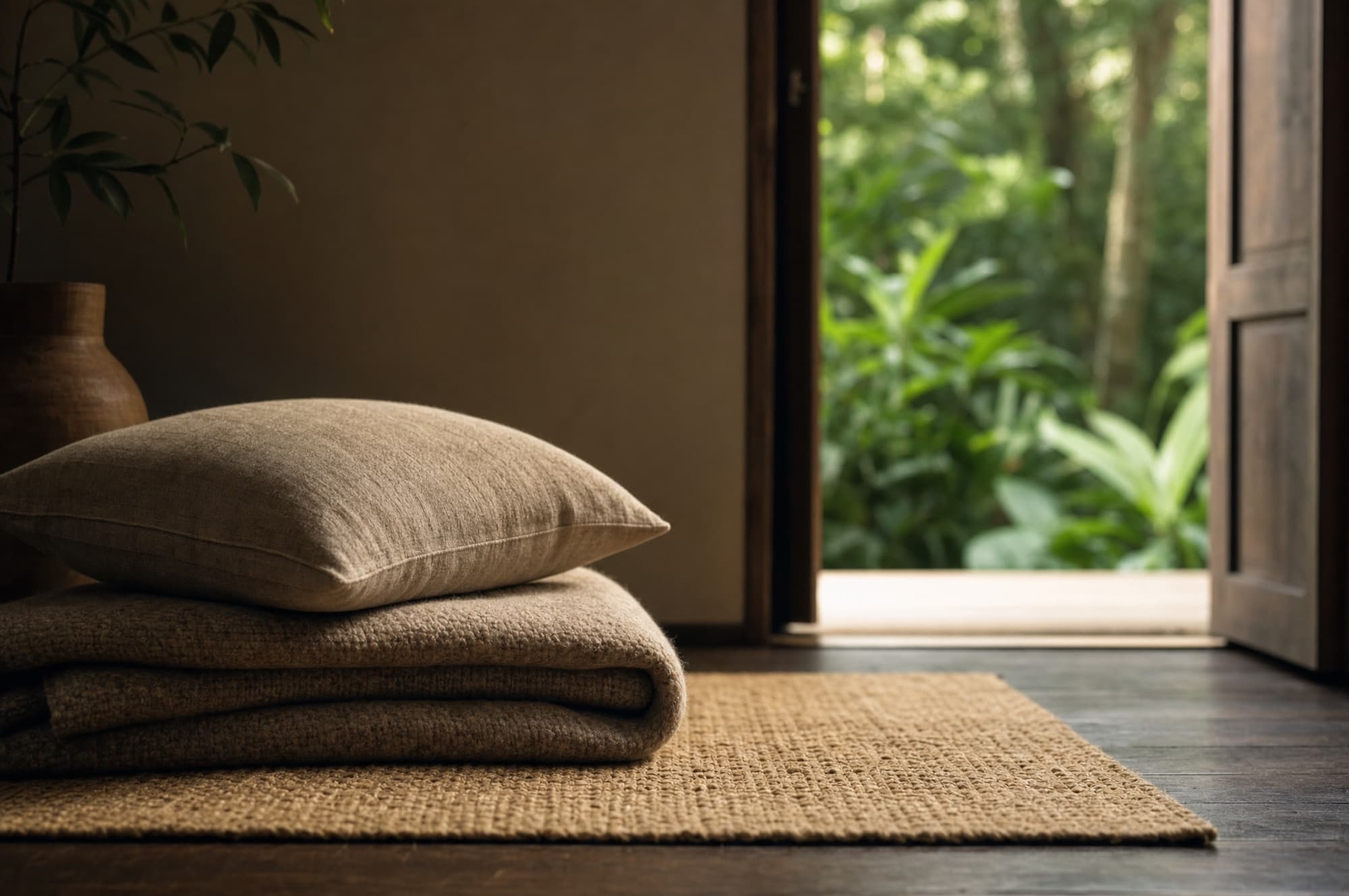 A folded wool blanket and a linen cushion on a woven mat in a quiet room, jungle visible through an open doorway