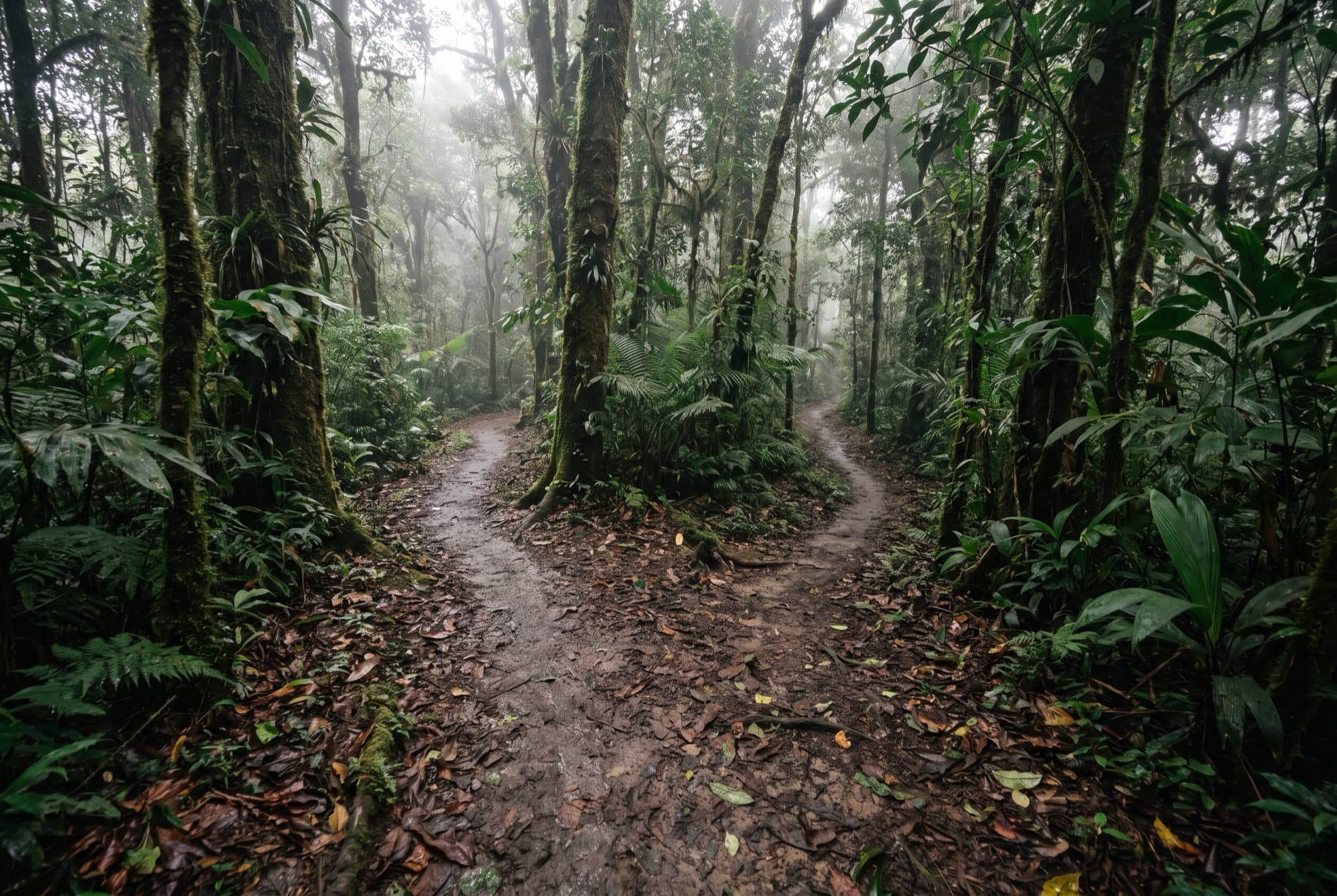 A footpath in misty Costa Rican jungle splitting into two paths that curve away in different directions