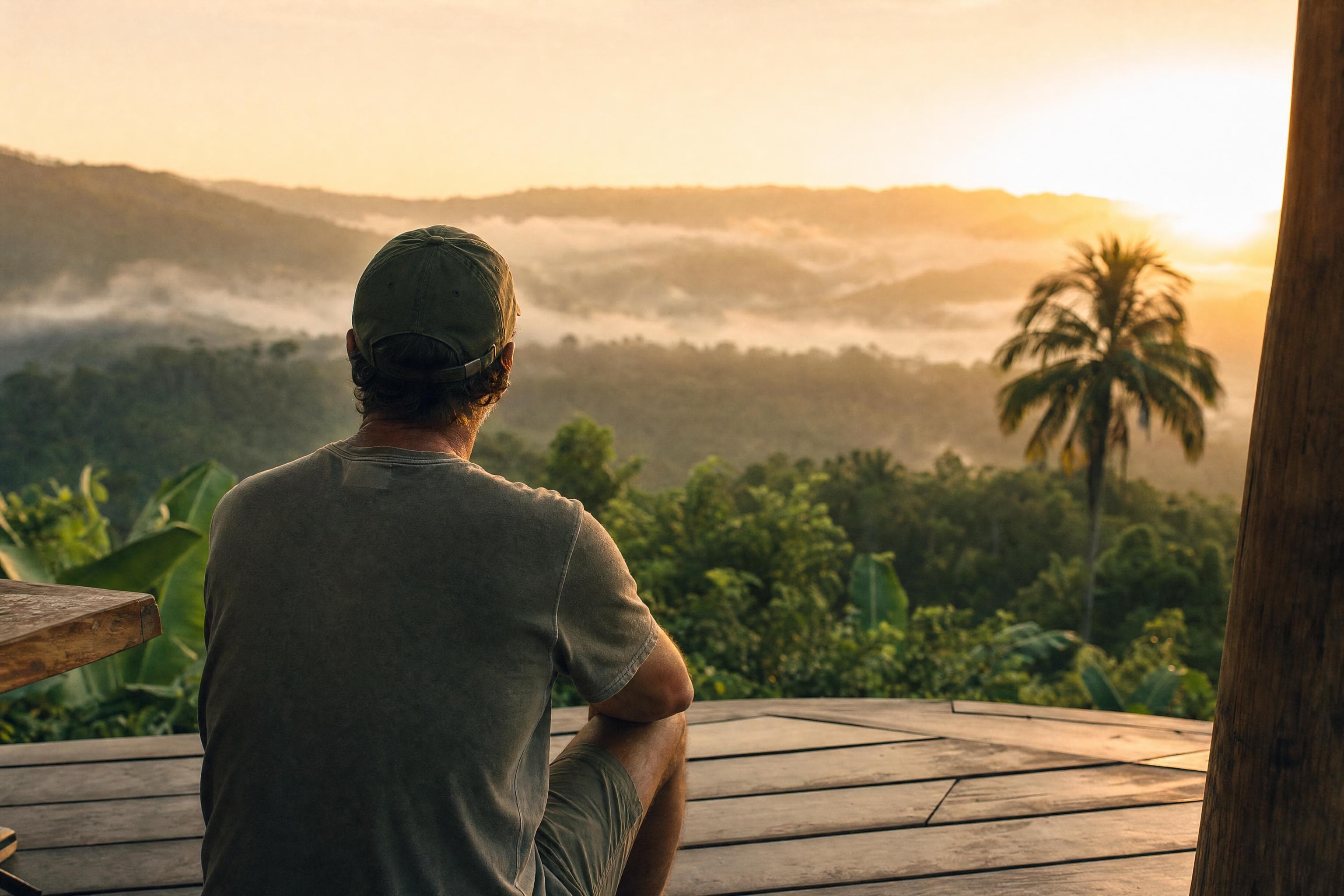 A man in an olive cap sitting on a wooden deck, looking out over misty jungle ridges at sunrise
