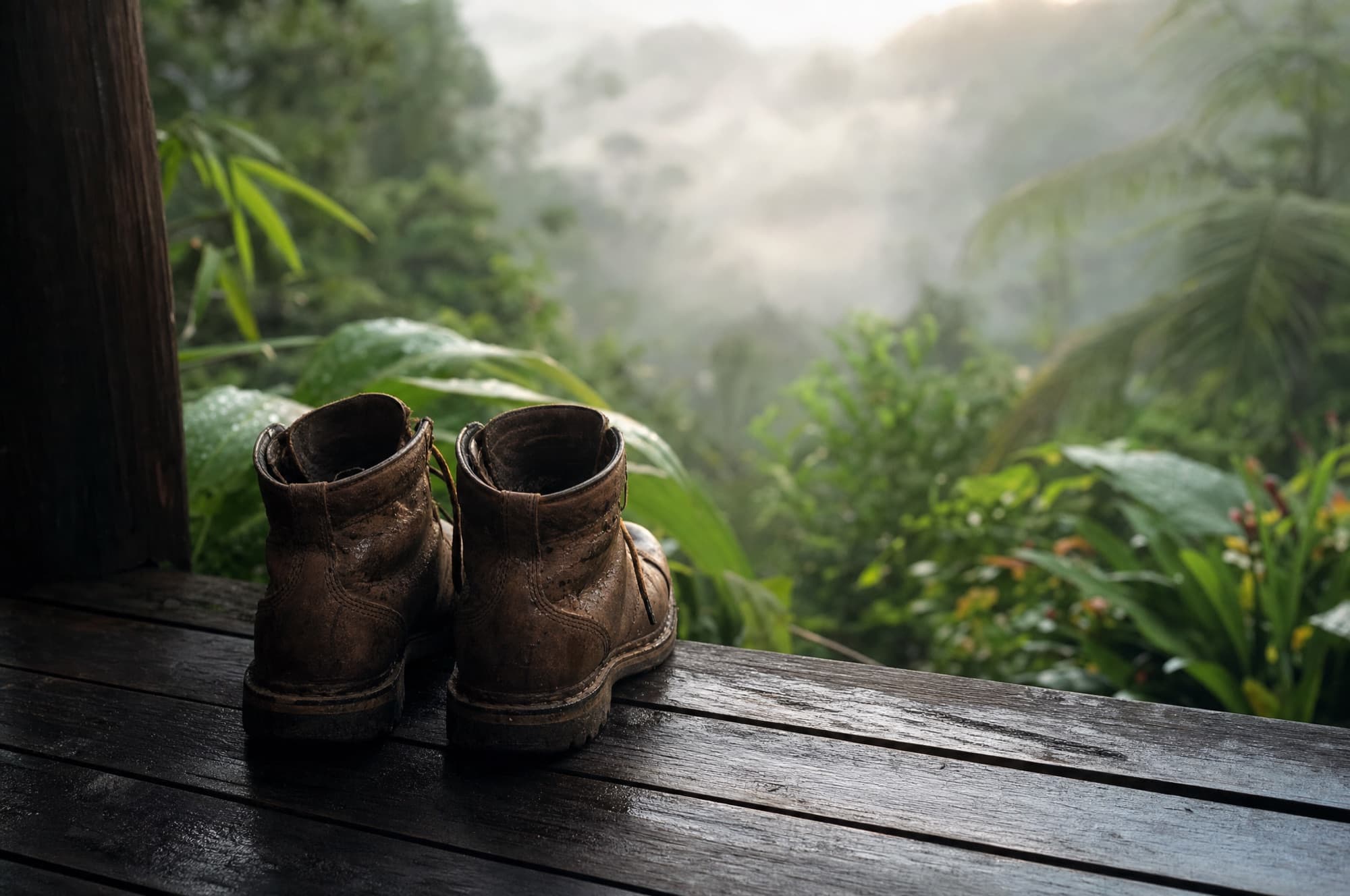 A pair of worn leather boots at the edge of a wooden deck facing jungle and low morning mist